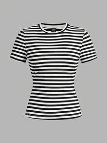 SHEIN EZwear 3pcs Women Crew Neck Solid Striped Casual Fitted Short Sleeve T-Shirt Set, Suitable For Summer - Multicolor - View 4