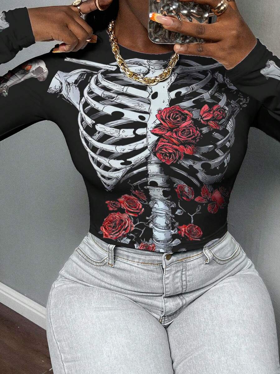 Slaydiva Black Top/Casual Women's Short Round Neck Long Sleeve Tight-Fit T-Shirt /Fall Clothes For Women/Winter Clothes For Women/Y2k Clothes/Streetwear/Back To School/Casual Street/Fit For Hip Hop/Gothic, Grunge, Skull Floral Witch Graphic/Halloween Clothes