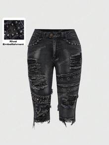 ROMWE Grunge Punk Y2K朋克铆钉装饰做旧复古水洗修身低腰七分牛仔裤 - 黑色 - 查看 1