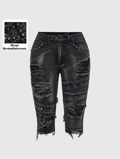 Grunge Punk Jeans skinny évasé court, lavage vintage, décoré de rivets, style punk Y2K