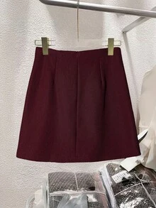 Franclia Chân váy mini cạp cao dáng chữ A trơn màu dành cho nữ, cài hai hàng khuy, Xuân/Hè - Màu Đỏ Sâu - Xem 6