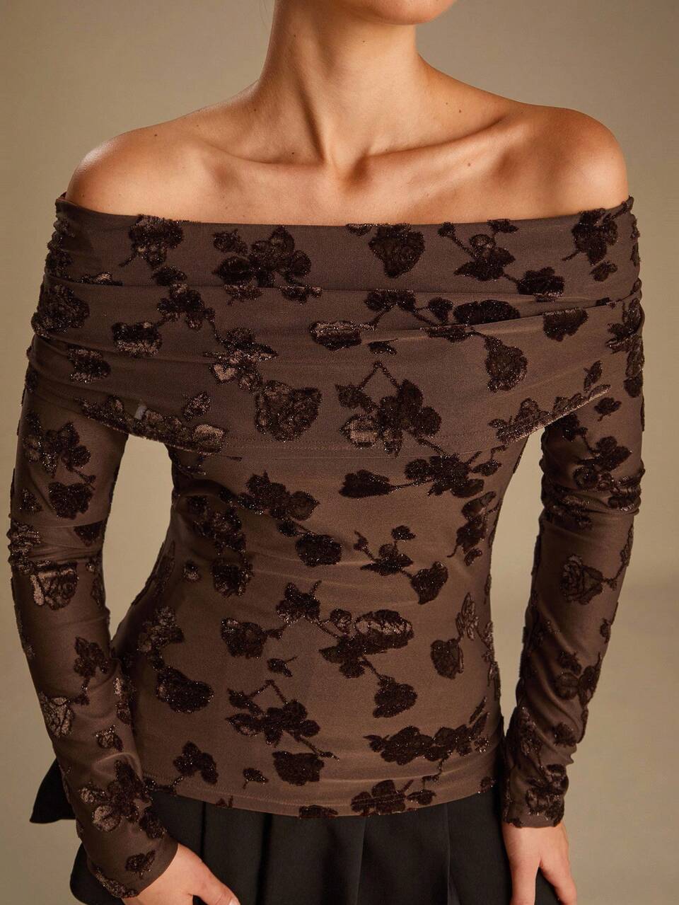 Enchnt Women's Elegant Brown Floral Jacquard Ruched One Shoulder Long Sleeve Fitted Blouse,Autumn Fashionable Top For Dinner Date,Holiday,Party&Wedding Guest
