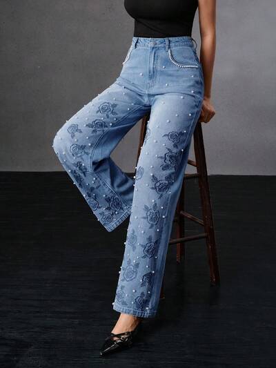 Vintage Heavily Embroidered Women's Straight Leg Blue Jeans