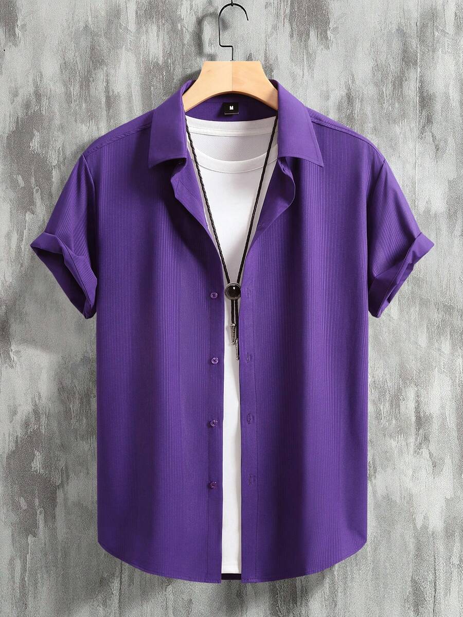 Manfinity Homme Kemeja Lengan Pendek Polos Kasual Musim Panas untuk Pria - Purple - View 1