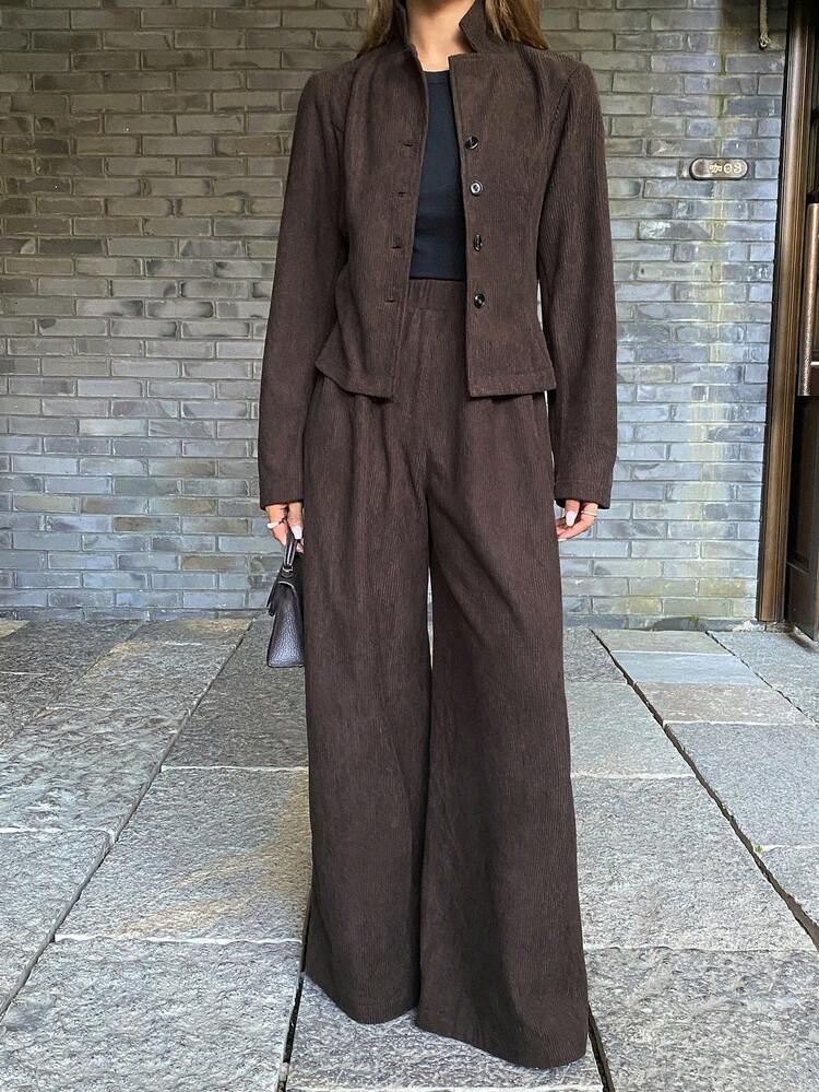 Women's Collared Fitted Long Sleeve Jacket And Loose Wide Leg Pants 2 Pieces Set, Casual & Elegant