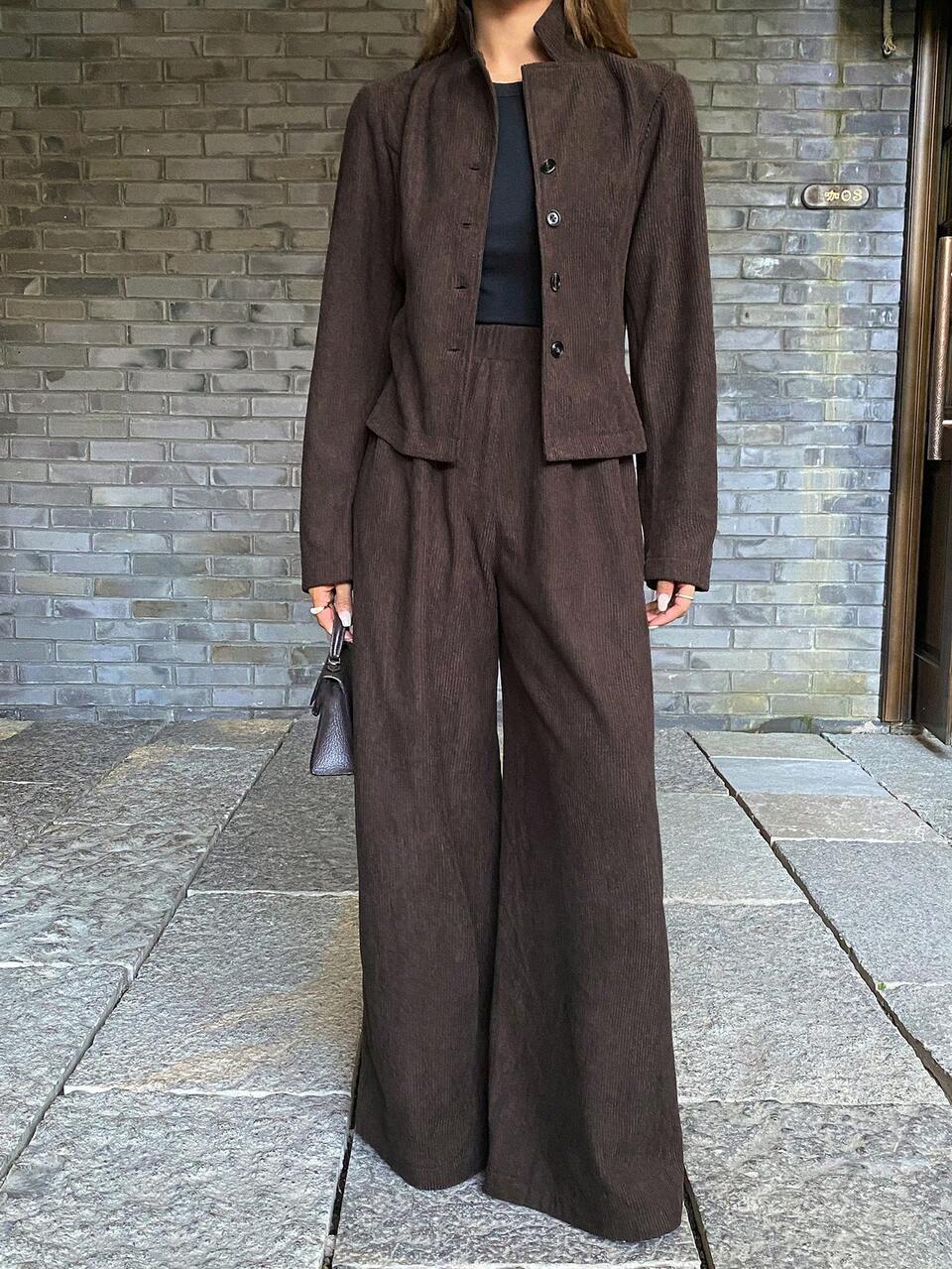 Women's Collared Fitted Long Sleeve Jacket And Loose Wide Leg Pants 2 Pieces Set, Casual & Elegant Lounge Sets For Women