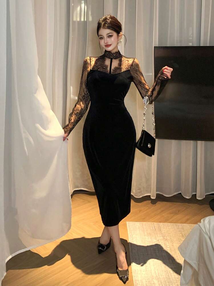 Elegant Velvet & Lace Patchwork Stand Collar Tie-Up Backless Mid-Length Dress For Women, Autumn Prom Dress