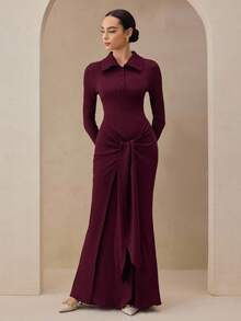 Graceveil 女士勃艮第色 Polo 领褶皱设计优雅长裙，适合秋季正式活动和派对 - 酒紅色 - 查看 4