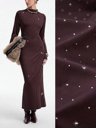 Aalyst Vestido de mujer casual con cuello alto, cintura ajustada, bajo recto y manga larga con adornos de rhinestones, adecuado para salidas y reuniones, otoño/invierno