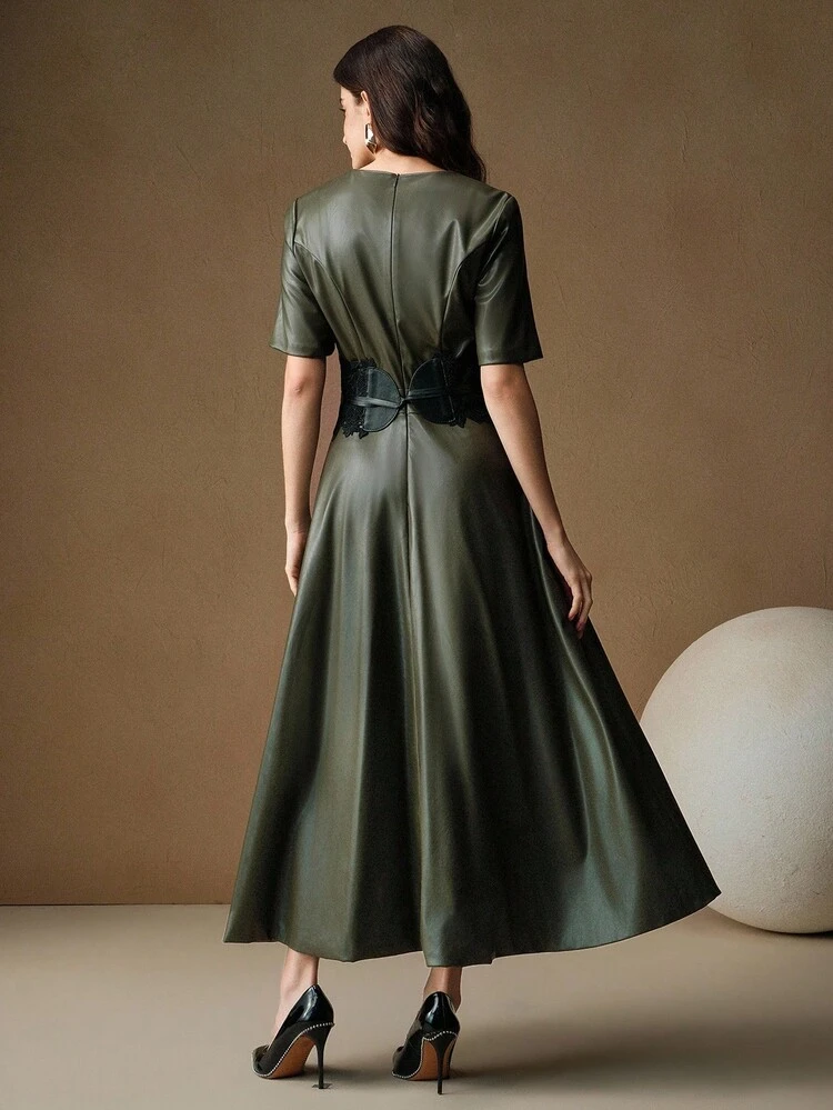 Vestido Evasê Feminino de Outono/Inverno com Cinto Removível e Ajustável, Vestido Longo de Pescoço Redondo em PU, Vestido de Festa Elegante, Natal, Ano Novo, Formal, Chique