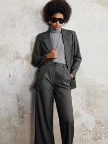 Lumivelle Women's Solid Color Lapel NeckLong Sleeve Jacket And Pants Casual Commuter Minimalist Suit Set - Dark Grey - View 5
