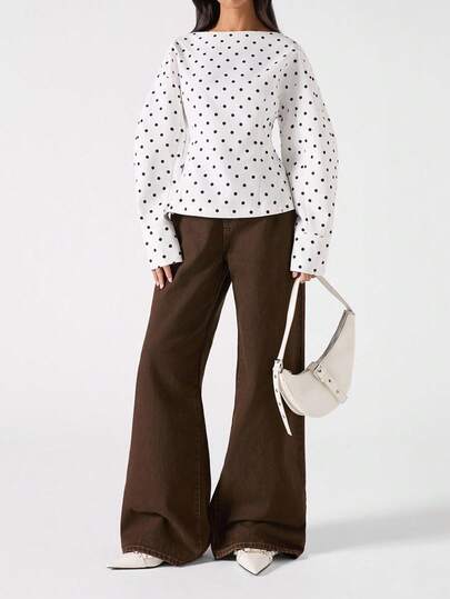 LYSMO 2025 Nouvelle arrivée Minimalisme Hiver Élégant Femmes Navetteur Imprimé à pois Manches longues T-Shirt Chemise à pois Top à pois Manches longues Manches longues Blouse, Chemise de Thanksgiving Manches longues Top Femme