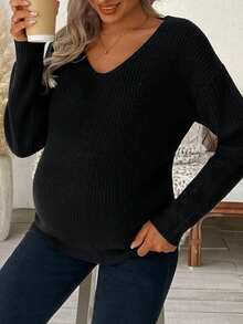 SHEIN Maternity Solid Color Loose Casual Sweater With Eyelet Back Design, Autumn/Winter - Black - View 3