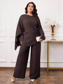 Modelyn Plus Size Women Solid Color Asymmetric Hem Top And Wide Leg Pants Casual Suit
