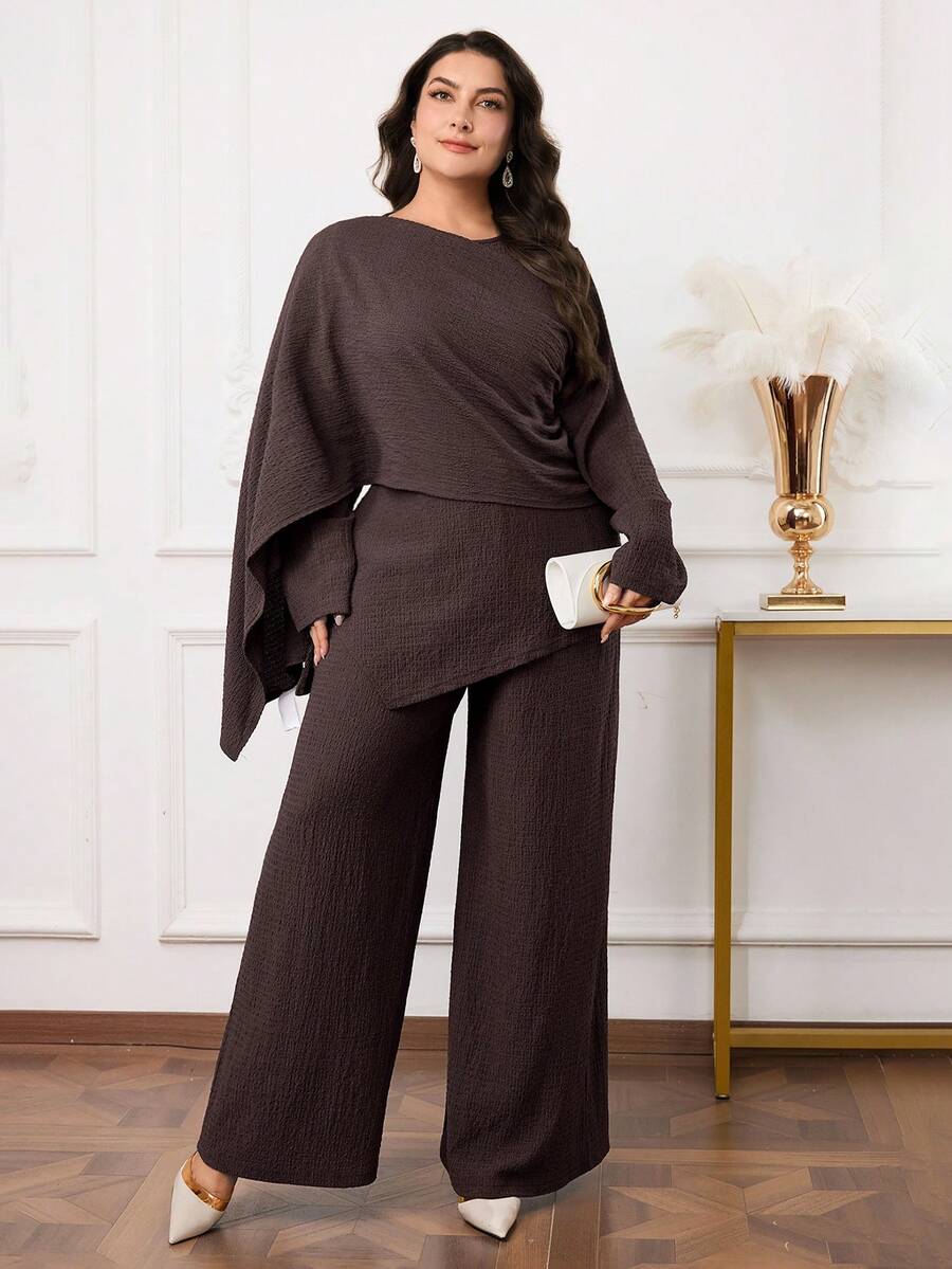 Modelyn Plus Size Women Solid Color Asymmetric Hem Top And Wide Leg Pants Casual Suit