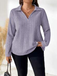 SHEIN LUNE Camiseta casual de punto acanalado con media cremallera y mangas raglán para mujer de talla grande - Morado - Ver 4