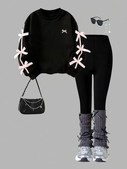 SHEIN Genkimix Kids 2 件套女童韩版休闲灰色运动衫配蝴蝶结和紧身裤套装