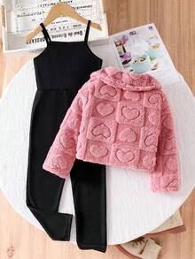 Elladie kids Girls Cute Sweet Casual Jumpsuit And Pink Shirt Top Jacket Set, Fluffy Cardigan With Peter Pan Collar, Suitable For Autumn And Winter Toddler Girls Winter Clothes Girls Sweater Sets Toddler Little Girl Winter Sets Young Girl Warm Furry Vest Set Kids Girl Wednesday Addams Girl S Spring And Autumn Suit - Pink - View 2