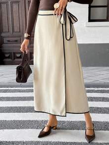 SHEIN Frenchy Nuova gonna casual lunga con fiocco laterale e profili a contrasto, adatta per l'autunno e l'inverno, per donne eleganti. Ideale per il ritorno a scuola, concerti country, casual business, insegnanti, appuntamenti, compleanni, brunch, stile western, casual business in inverno, vacanze, Capodanno - Albicocca - Visualizzare 6
