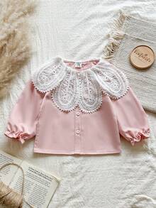 SHEIN Vintaside Kids 女婴白色蕾丝领长袖衬衫，时尚百搭娃娃衬衫，舒适时尚，适合日常穿着，春秋季 - 粉色 - 查看 3