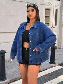SHEIN ICON 大码女式休闲宽松牛仔夹克，单排扣，长袖，秋季 - 深色水洗藍 - 查看 3