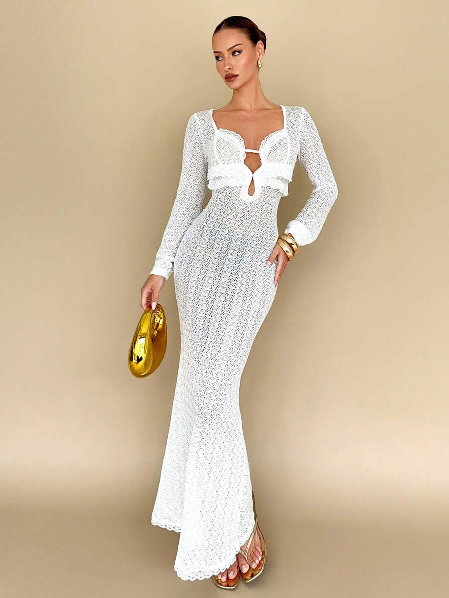 Chiquease Sexy Ruffled Hem Sheer Patchwork Long Sleeve Dress - White - View 1