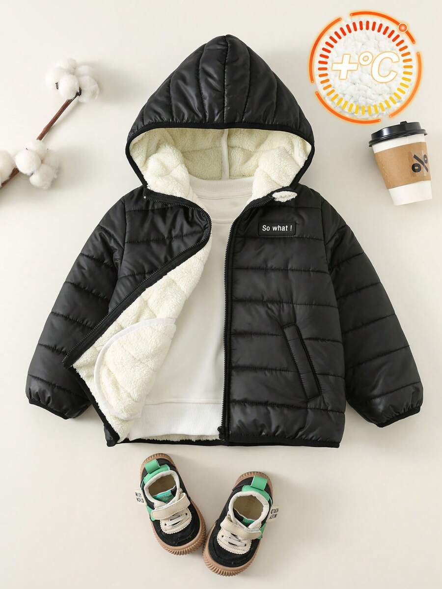 SHEIN 儿童/男童黑色保暖内衬连帽拉链夹克,温暖、舒适、休闲百搭多功能柔软羊毛,适合冬季户外玩雪 - 黑色 - 查看 1