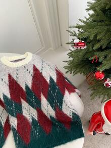 DAZY Women's Christmas Loose Fit Crew Neck Colorblock Plaid Patchwork Christmas Sweater Christmas Vacation Long Sleeve Tops - Multicolor - View 2