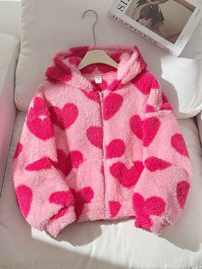 SHEIN Tween Girl Heart Fleece Hooded Zip-Up Jacket För Höst/Vinter, Lämplig För Utomhusbruk Och Tillbaka Till Skolan