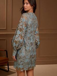 Lilora 绿色褶皱金色刺绣长袖迷你连衣裙，适合秋冬季、商务、复古、派对、度假、外出、老钱风、性感妩媚、舞会、晚宴、情人节、邮轮旅行、通勤、层次丰富、约会之夜、聚会、极简主义、生日、正式场合、伊比沙岛、纳什维尔、假期、休闲、端庄、时尚、休闲、购物、街头风、外出、性感、复古、波西米亚风、正式、2000年代风格、休闲、嬉皮、复古、老钱风格锦缎提花连衣裙灯笼袖 - 藍色 - 查看 6