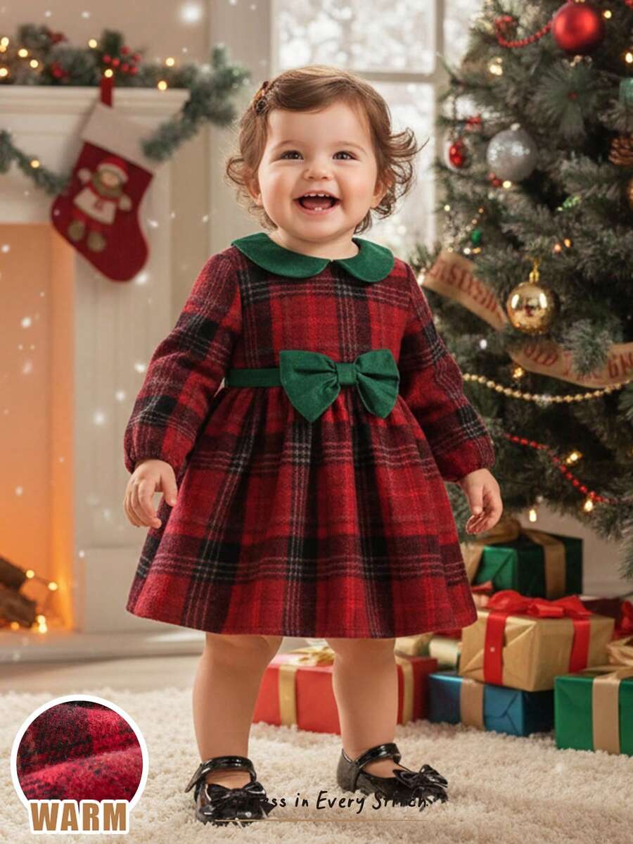 Cozy Pixies Vestido de Manga Longa com Gola Peter Pan e Cintura Marcada para Meninas, Confortável e Versátil, Adequado para Uso Casual, Escola, Esqui, Uso Diário, Esportes, Festas, Outono/Inverno. Forro Térmico, Reforçado para Clima Frio. Vestido de Natal para Bebê Menina, Vestido Vintage para Bebê Menina em Bordô, Vestido Xadrez Vermelho para Bebê Menina, Vestido de Natal Xadrez para Bebê, Vestido de Natal Tartan para Bebê Menina - Vermelho - Visão 1