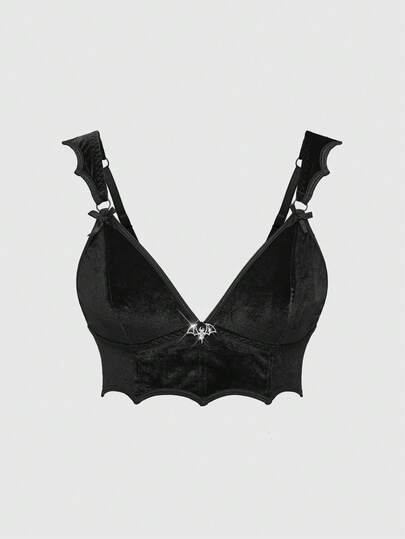 ROMWE Plus Size Gothic Velvet Bat Shaped Metal Pendant Triangle Cup Wireless Bra