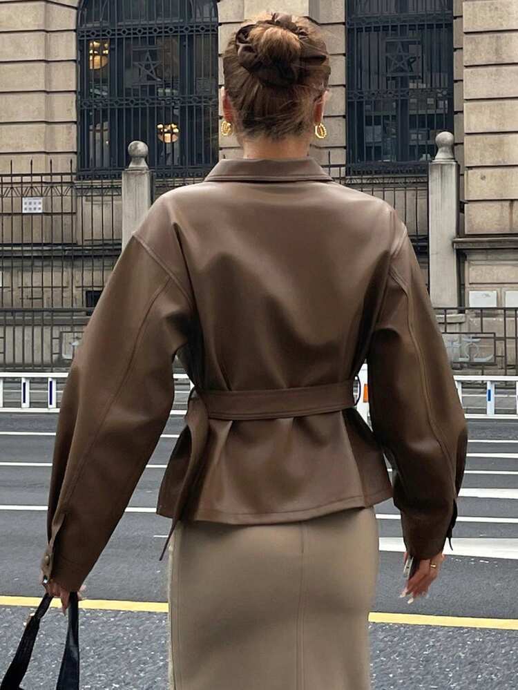 Women's Casual Belt PU Solid Color Pocket Shirt, Autumn Long Sleeve Top Leather Jacket