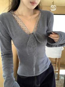 DAZY Women's Basic Lace Patchwork Pullover Sweater, Casual Style, Autumn/Winter - Grey - View 2