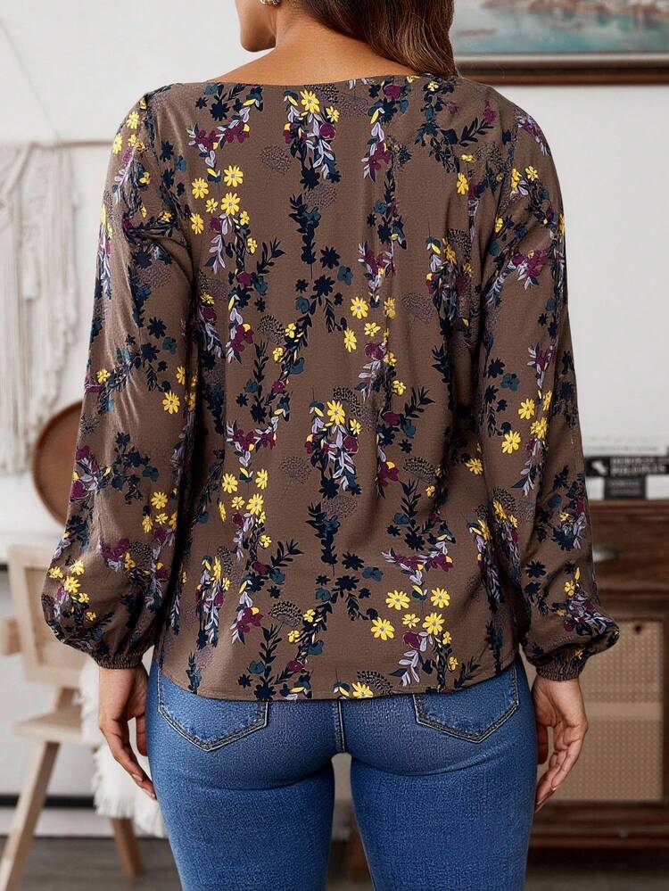 Women Floral Print Round Neck Casual Long Sleeve Blouse,Long Sleeve Tops