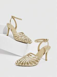 CUCCOO SZL Giày sandal nữ thời trang màu vàng kim, quai sau dệt, gót trung bình thoải mái, thích hợp cho Giáng sinh, mùa xuân, dự tiệc. - Vàng - Xem 7
