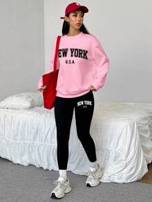 SHEIN EZwear 2 件纽约印花宽松圆领运动衫和紧身打底裤套装，秋冬 - 彩色 - 查看 5