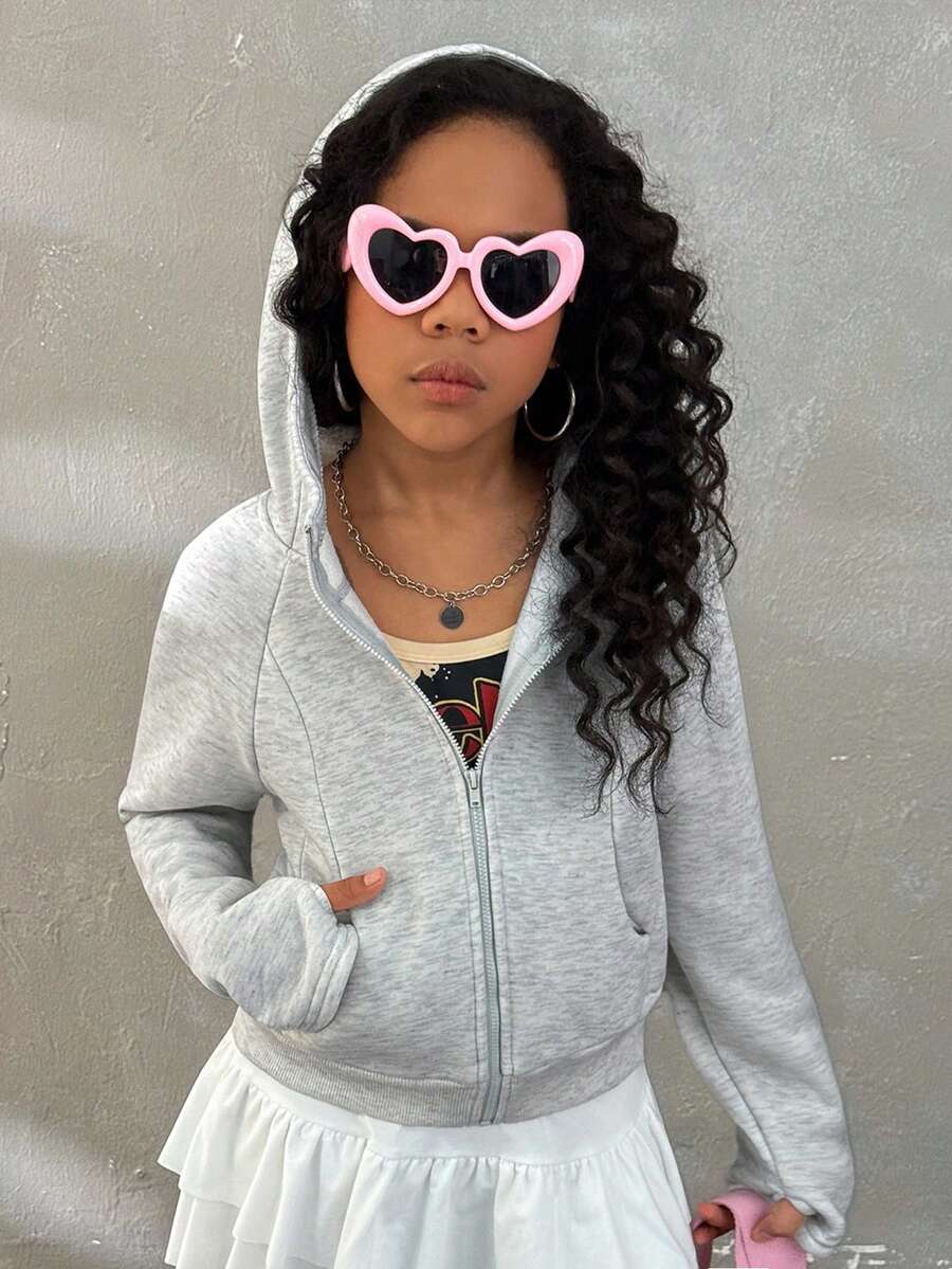 Coolane 青少年女孩纯色简约休闲连帽运动衫毕业、返校服装、毕业、返校 - 灰色 - 查看 1