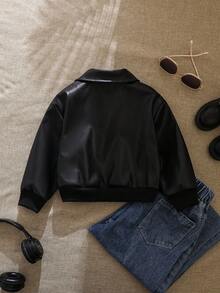 Elladie kids 青少年女孩黑色拉链领罗纹袖口街头酷炫百搭机车 PU 皮革宽松夹克，秋冬