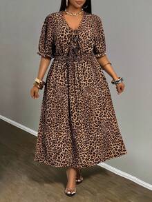 Slaydiva Boho Midi Ruffle Dress - Leopard Print, Suitable For Spring/Summer, Elegant & Commute & Party & Club & Outing - Multicolor - View 7