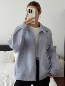 DAZY Damen gestreifte Jacke mit bestickter Verzierung und Thermofutter, Herbst/Winter - Blau - Übersicht 2