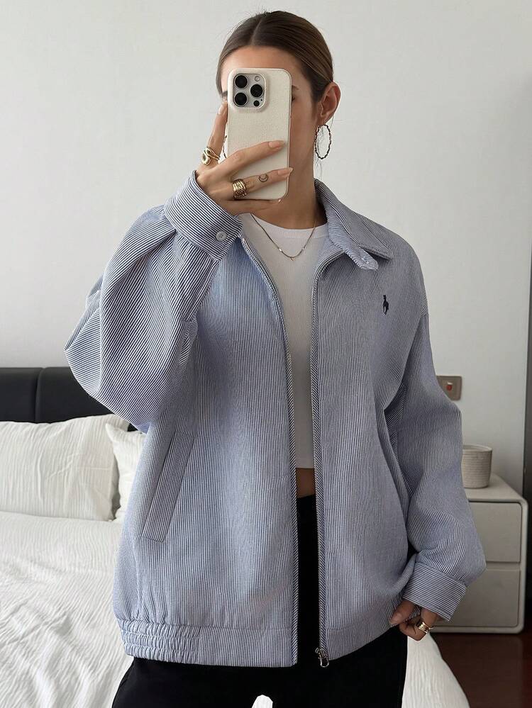 Women's Striped Embroidered Decor Thermal Lined Jacket, Autumn/Winter
