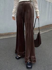 FRIFUL 女式弹力腰天鹅绒面料层叠荷叶边下摆长裤 - 鏽棕色 - 查看 2