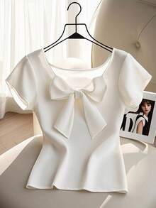 女式系带前短款荷叶边下摆可爱领口衬衫，夏季