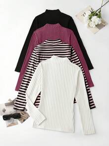 SHEIN LUNE Set 4 Potong Kaos Lengan Panjang Wanita dengan Tekstur Kerah Tinggi untuk Awal Musim Dingin dan Musim Semi - MultiWarna - View 2