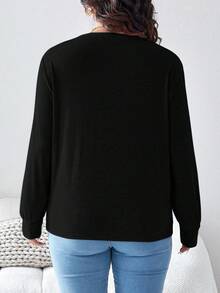 SHEIN LUNE Kaos Lengan Panjang Leher Bulat Kasual Wanita Ukuran Besar untuk Liburan - Hitam - View 2