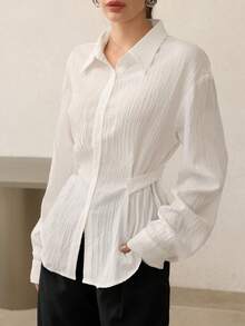 Modelyn Women's Solid Color Turndown Collar Side Button Closure Waist Fitted Long Sleeve Shirt - White - View 3