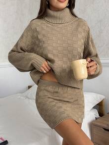 EURMUSE Taupe Textured Turtleneck Sweater & Ribbed Knit Skirt Co-Ord Set High Neck Checkered Knit Two Piece Set With Oversized Sweater And Bodycon Mini Skirt For Cozy Fall Looks - Camel - View 1