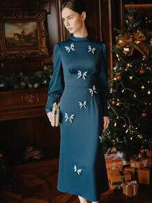 Anewsta Elegant Satin Waist-Cinched Butterfly Decor Dress, Flattering Silhouette - Blue - View 4