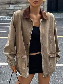 DAZY 女式休闲宽松牛仔夹克，撞色领子和落肩，长袖，秋季 - 灰色 - 查看 3